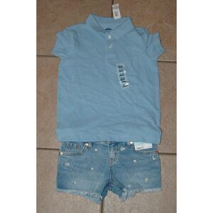 NEW Girl Sz XS 4/5 Embroidered Denim Cut Off Shorts & Blue Polo Shirt CAT & JACK